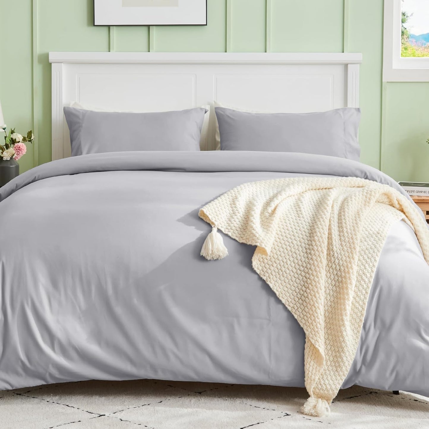 Sasttie Duvet Cover Full Size, Double Brushed Full Duvet Cover, 3-Piece Duvet Cover Set Includes 1 Duvet Cover (80x90) and 2 Pillowcases (20x26) with Zipper Closure, Light Grey